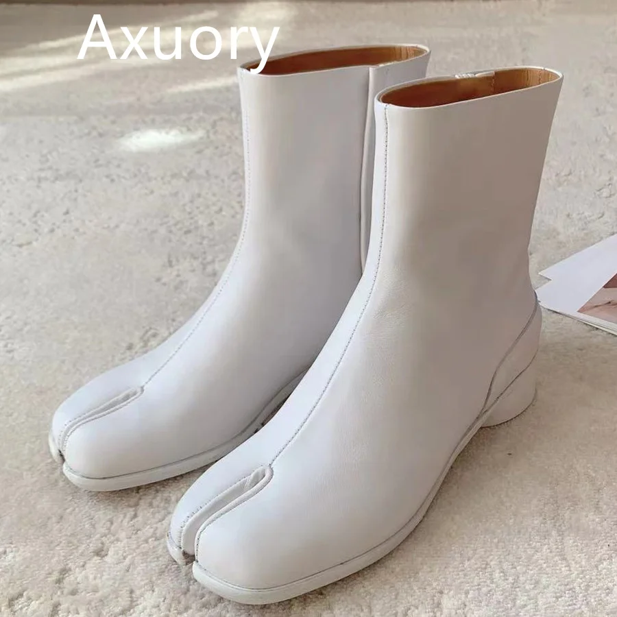 

Winter Women's Boots Split toe Retro Round Head Solid Color High5cm Genuine Leather Luxury Design Thick Bottom