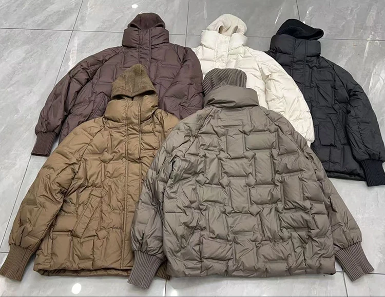 Janveny 2025 New Winter Short White Duck Down Jacket Women Casual Loose Warm Parkas Knitted Hat Detachable Puffer Down Coat