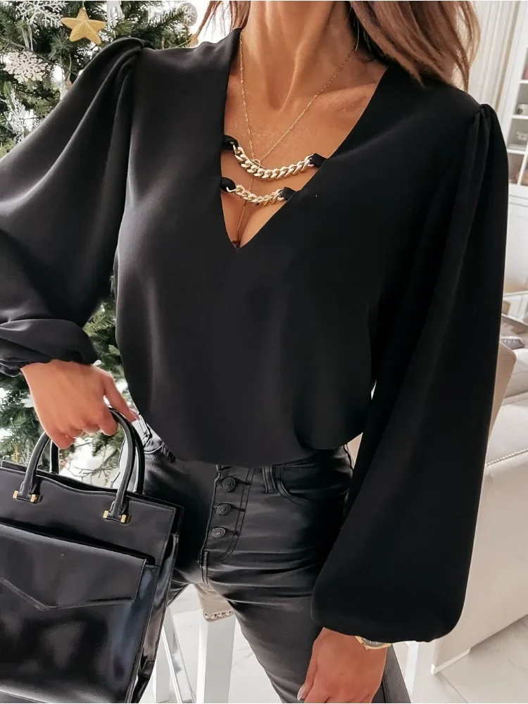 Fashion New Spring and Autumn V-neck Women's Chiffon Shirt Solid Color Neckline Chain Embellished Lantern Sleeve Casual Blouse