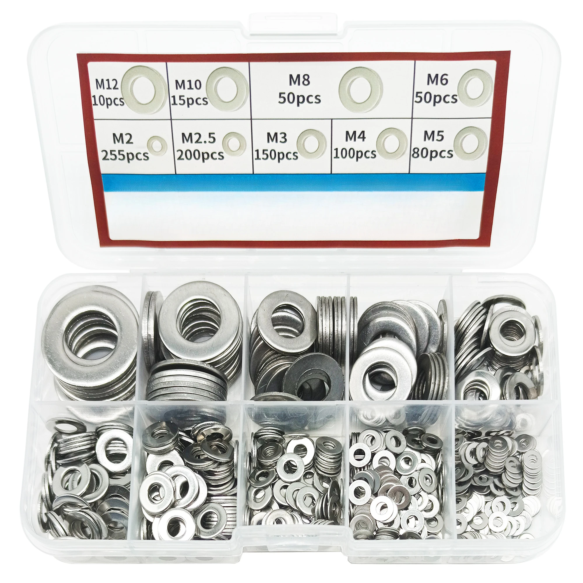 910-Piece Stainless Steel Flat Washer Assortment - 9 Sizes M2 To M12 For Home & Repair