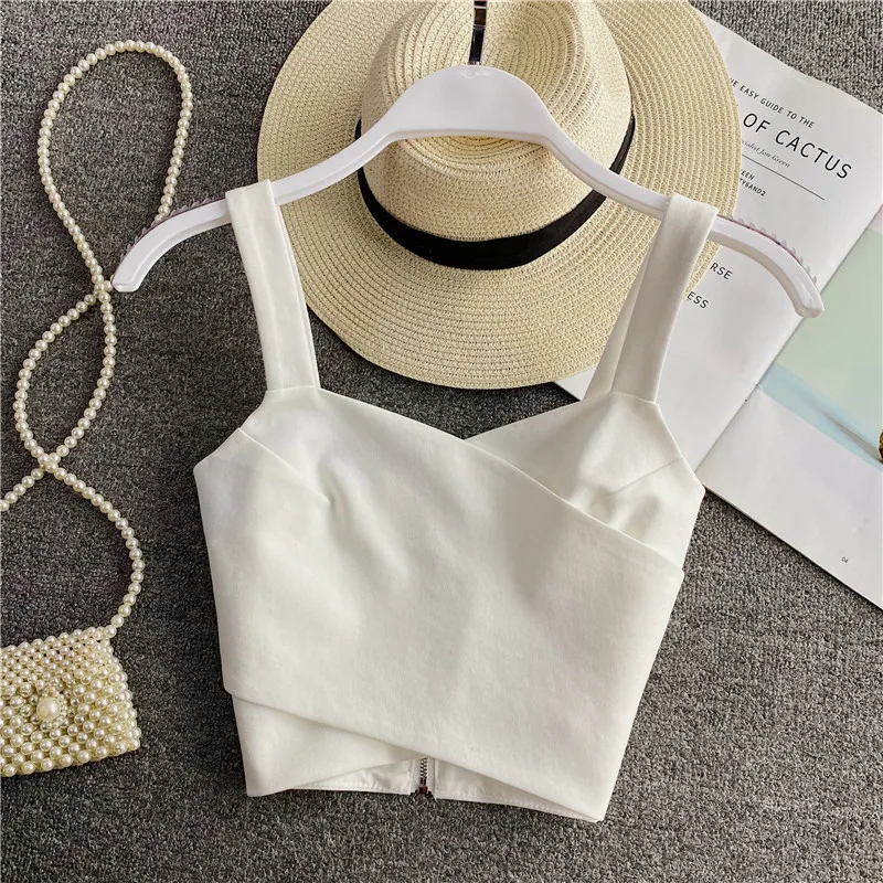 

Women's White Wide Shoulder Strap Irregularity Camis Sleeveless Backless Zipper No Chest Pad Corset Cross Tank Top, Summer Fashi