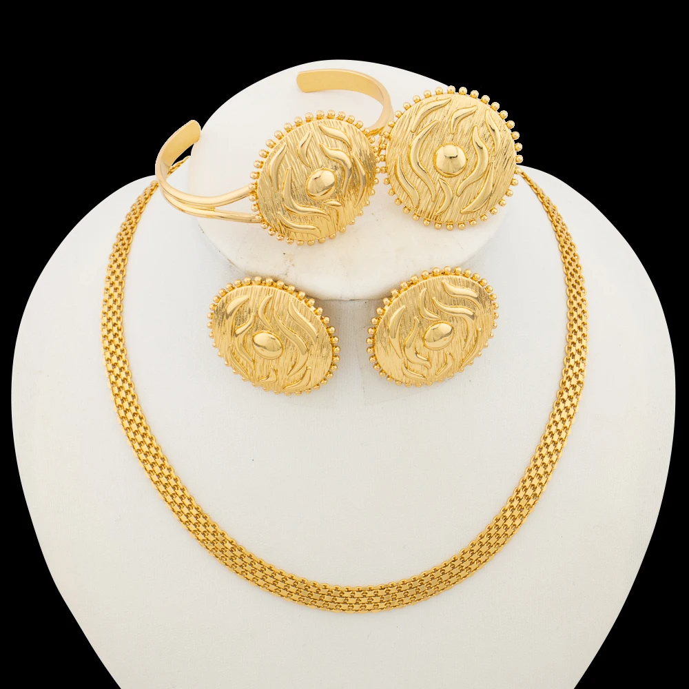 

African Weddings Jewelry Set for Women Cuff Bangle and Earrings Gold Plated Necklace and Finger Ring Set for Engagement Jewelry