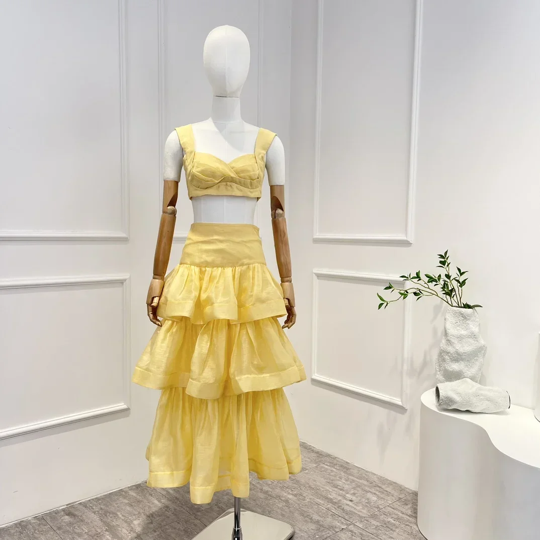 

Silk Linen High Quality Yellow Sleeveless Pleat Vest Tops and Flouncing Ruffle Midi Skirt Sets for Women