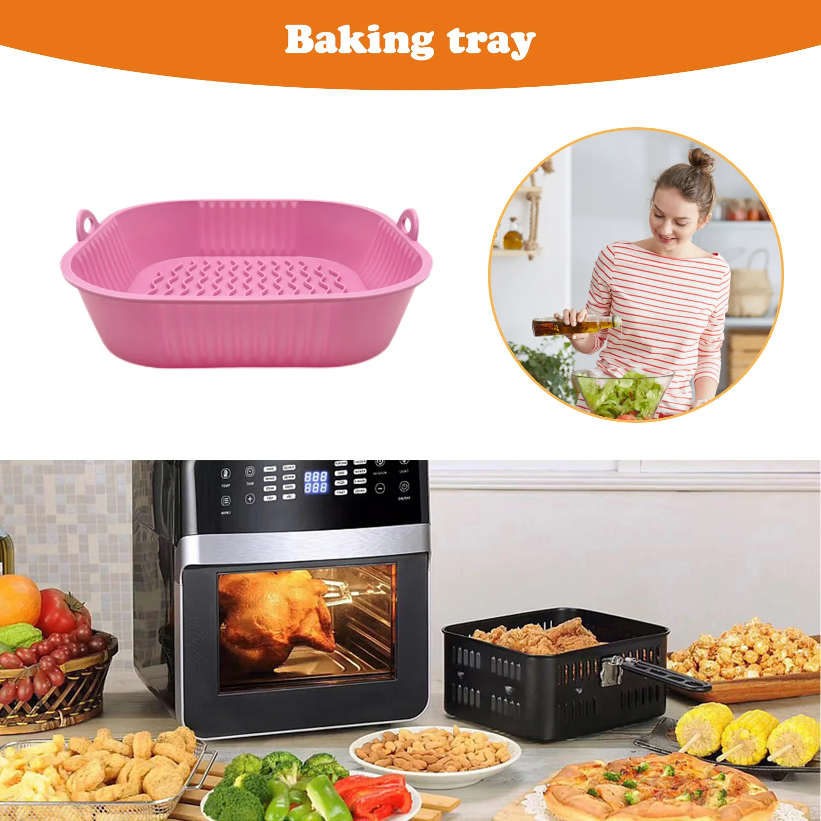 Silicone Oven Baking Tray BPA Free 19cm Square Shaped Air Fryers Oven Baking Tray Foldable Replacement with Handle Kitchen Tools