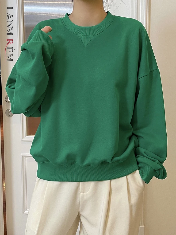 

[LANMREM] Korean Style Pullover Sweatshirt For Women 2024 Spring New Solid Round Neck Long Sleeve Loose Female Tops 26D5500