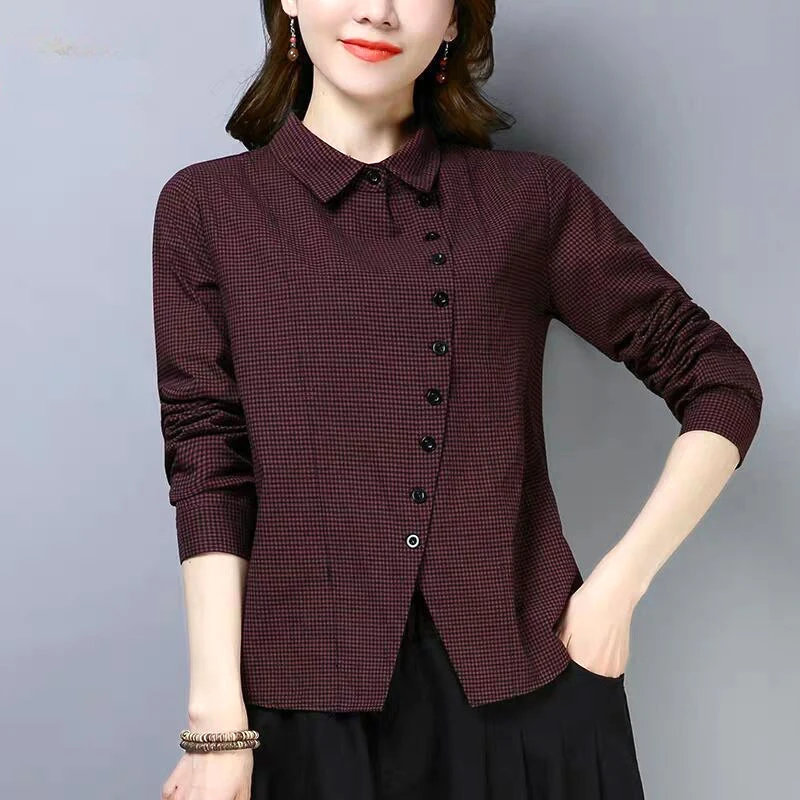 

Women's Clothing Blouses Women Shirt thin Slim creative irregular Button turn-down collar lattice spring summer leisure V456