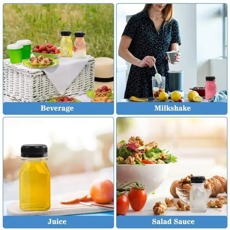 Empty Drink Bottles with Black Lids Plastic Tamper Proof Drink Containers 12Pc 60ml