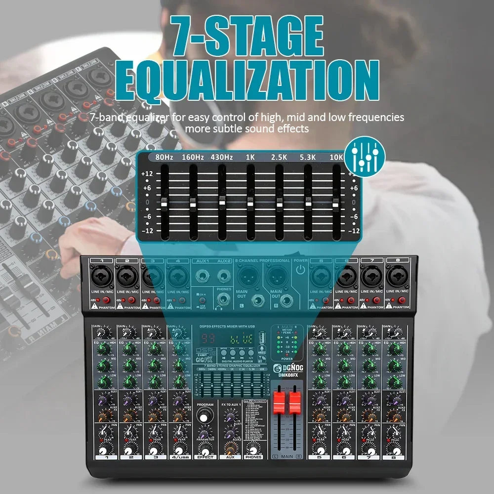 Professional Audio Mixer 8 Channel Sound board Console DJ Mixing Desk System Interface Built-in 99 Reverb Effect DGNOG DMK08FX