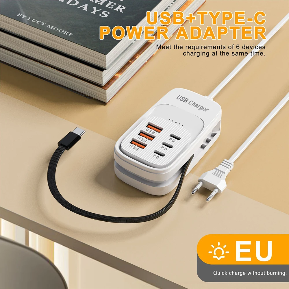Multi-Port USB Charging Station with Type-C Cable and Power Strip Adapter