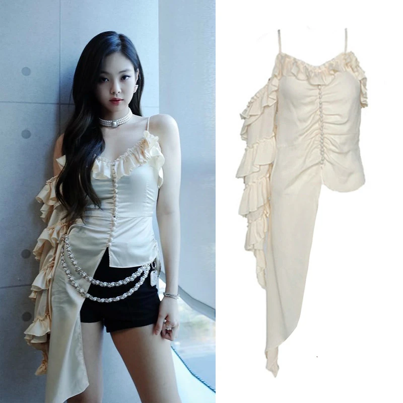 

Kpop Korean Celebrity Stage Performance Fashion Solid Tops Women Irregular Ruffled Camisole Shirts Nightclub Sexy V-neck Blouses