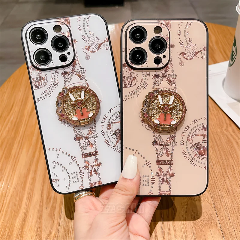 Retro Style Palace Flower Clock Ring Cover Per Iphone 11 12 13 14 Pro Max Case Luxury Glitter Diamond Strass Stand Holder