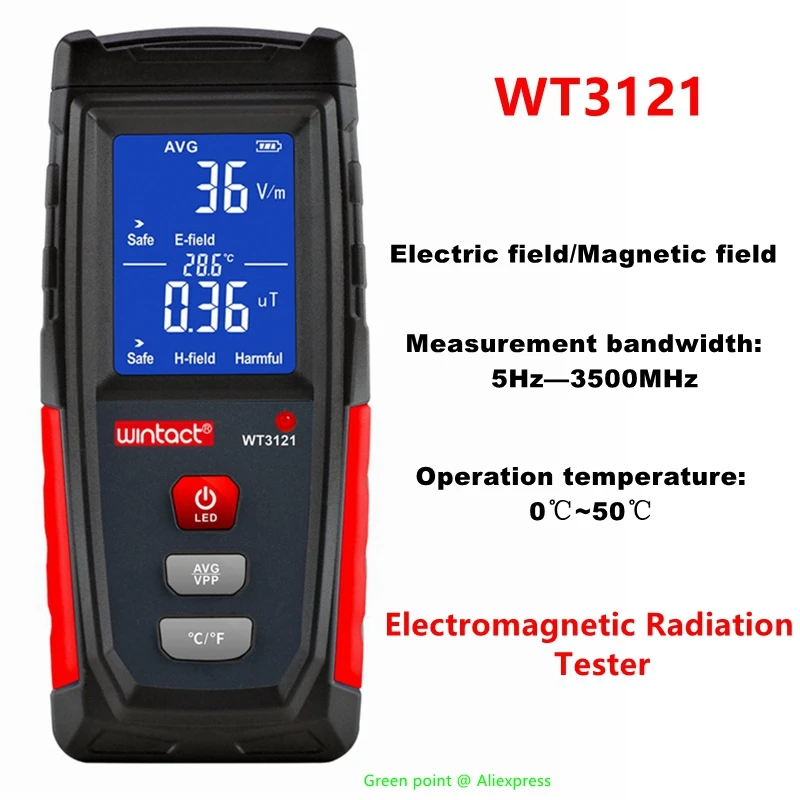 WT3121 Portable LCD numérique EMF Meter Testeur de rayonnement électromagnétique Champ électrique Détecteur de dosimètre de champ magnétique Noir et rouge 