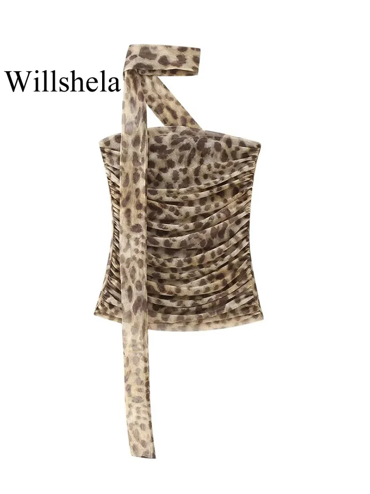 Willshela Damesmode 2-delige Set Tule Luipaard Geplooide Tops En Vintage Hoge Taille Midi Rok Dames Chique Damesrokken Set