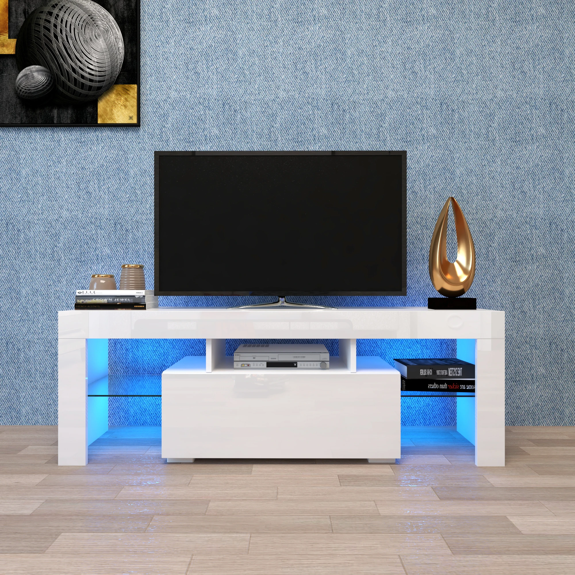 

Entertainment TV Stand Large TV Stand 130×35×45CM TV Base Stand with LED Light TV Cabinet Black/White[US-Stock]