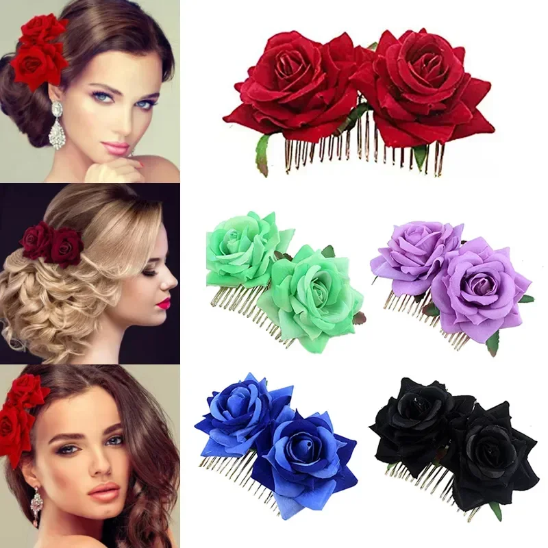 

1PC Romantic Fancy Double Silk Artificial Rose Flower Hair Comb Purple Red Hair Clip Wedding Bridal Lady Prom Headpiece Headwear