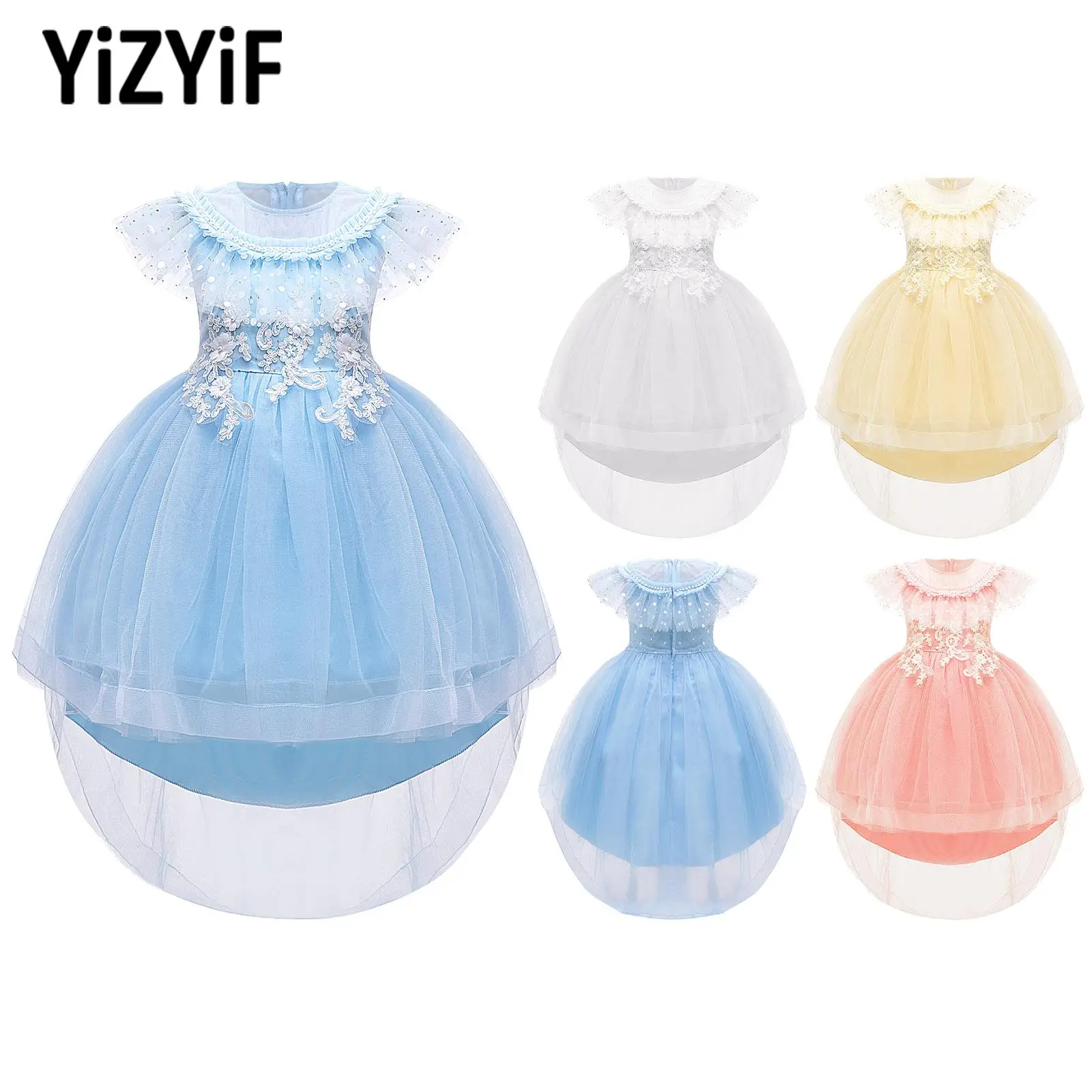 

Kids Girls Flower Girl Party Dress Dance Dress Ruffle Decorations Embroidery High-Low Tulle Dress for Birthday Princess Party