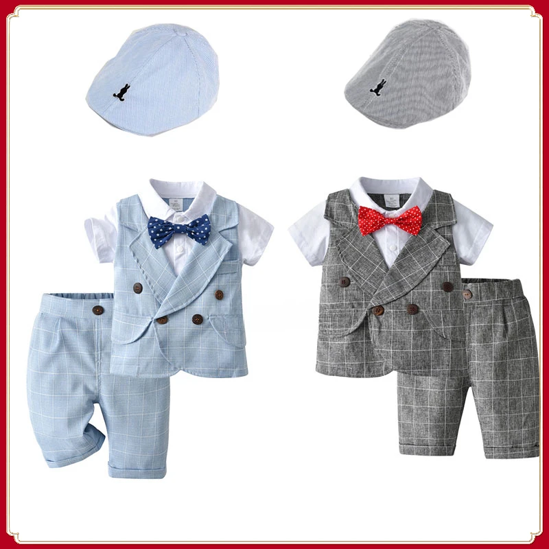 

Baby Clothes Set for Baby Boy Suit Fake Two Suits Vest Korean Plaid Gentleman Short Sleeve Birthday Party Children's Clothing
