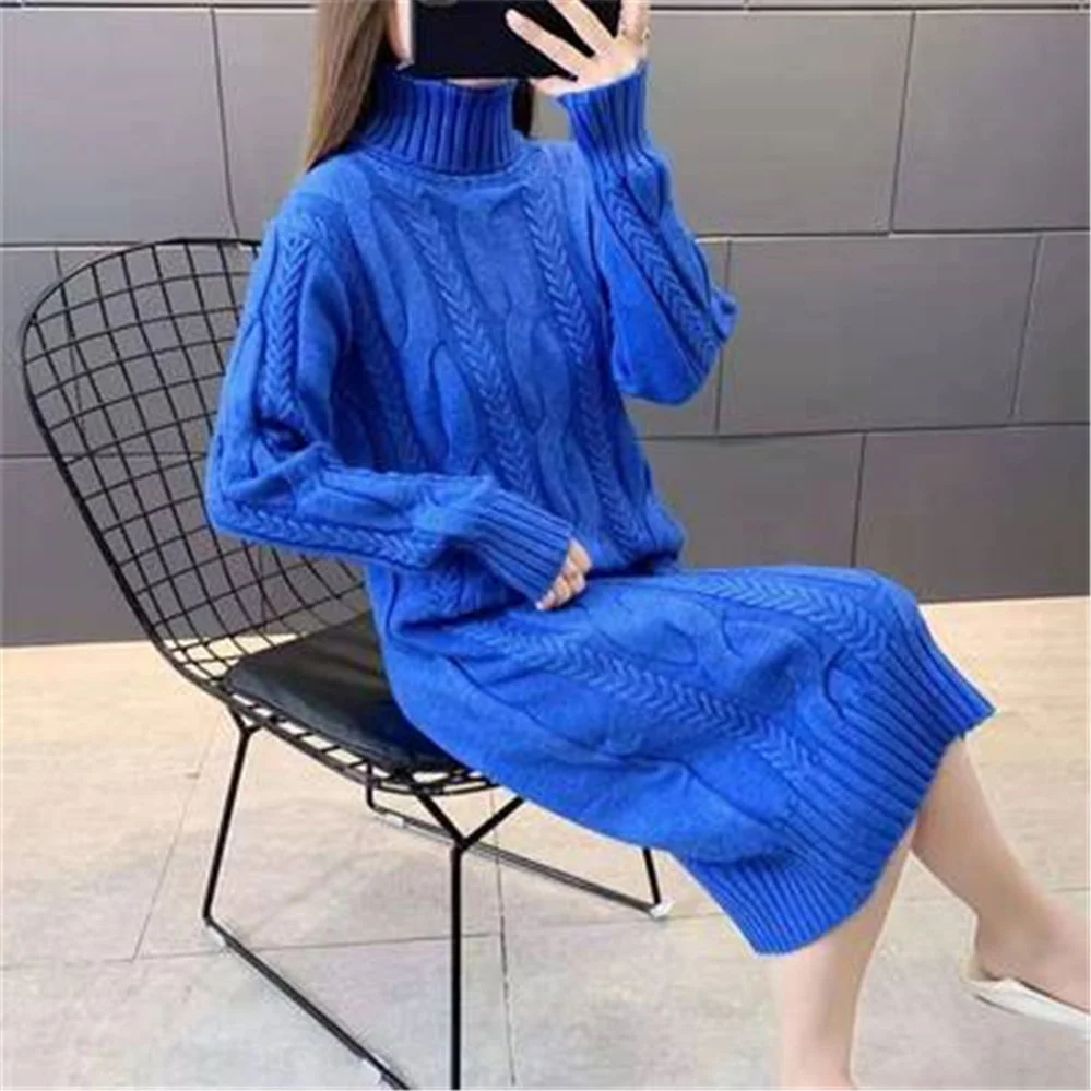 

2021 Turtleneck Women Sweater Dress Winter Warm Female Jumper Thick Sweaters Solid Ribbed Long Knitted Pullover Pull Hiver Femme