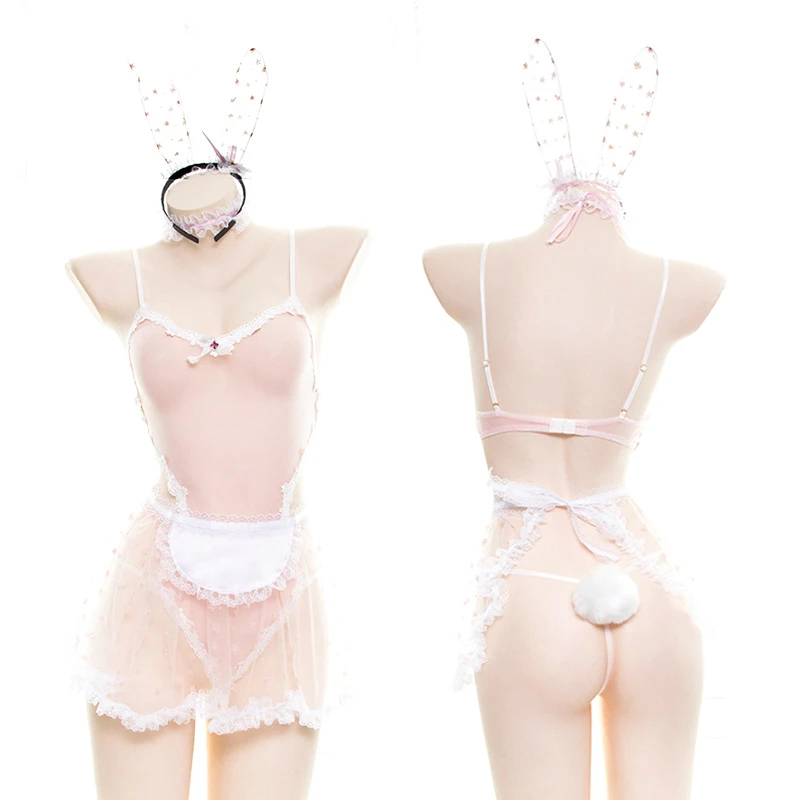 Lace Women Bunny Maid Cosplay Costume Sexy Erotic Lingerie Outfit Fancy Rabbit Girl Japanese Lace Fairy Star Print Babydoll