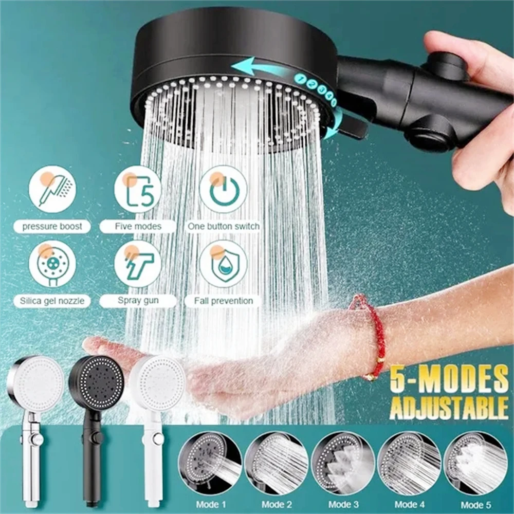 

Shower Head Adjustable 5 Modes High Pressure Water Saving Shower One-key Stop Water Massage Shower Head for Bathroom Accessories