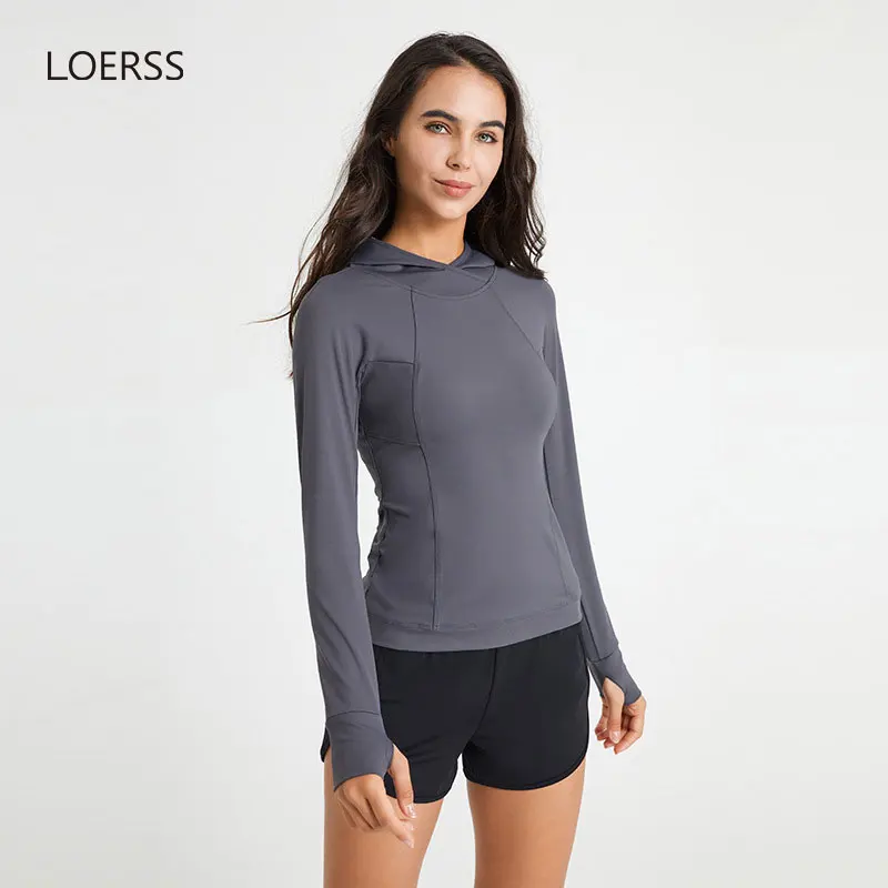 LOERSS 긴팔 요가 티셔츠, 스포츠 후드 탑, 슬림 퀵 드라이 피트니스 요가 러닝 운동 재킷, 가을 풀오버