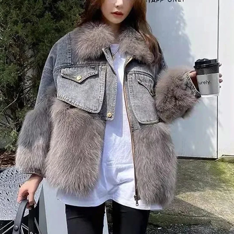 ジャケット・アウター acka 2024 Christmas box volume fur coat 2024 Winter New Faux Fox Fur Parka Patchwork Fur Jacket