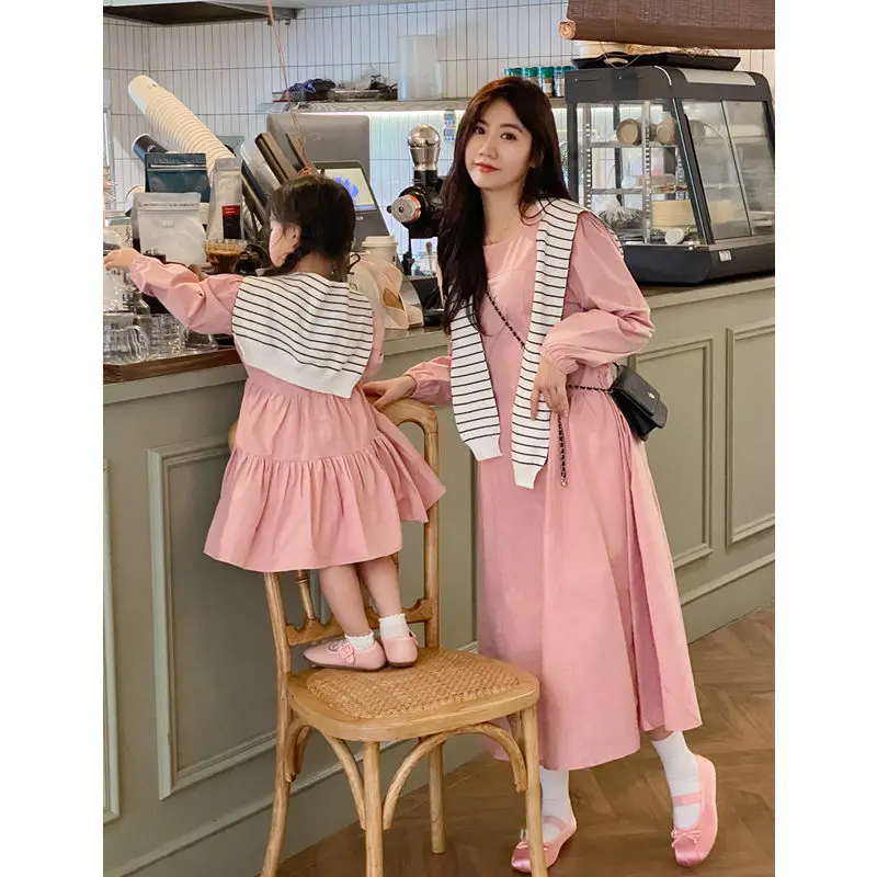 

Matching Mom and Daughter Dress Collar Knit Mother Baby Girls Clothes Autumn Korean 2023 New Elegant and Pretty Women's Dresses