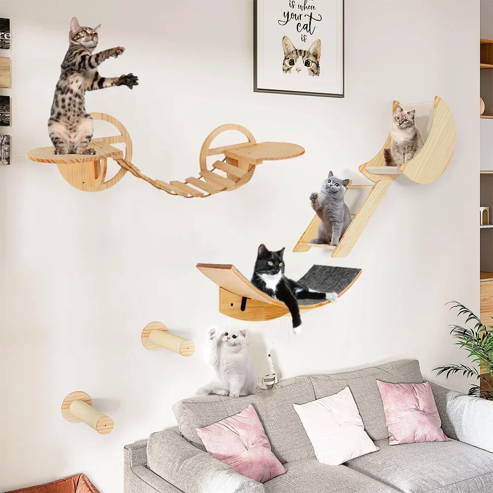 Wall-Mounted Cat Climbing Playground with Scratching Post, Hammock, and Sisal Ladder