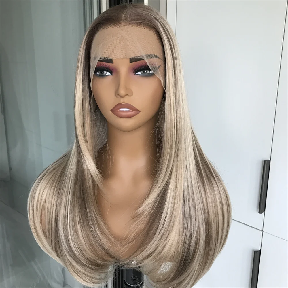13x4 Lace Front Wig Highlight Brown Layered Straight Synthetic Lace Wigs for Women Blonde mix Brown Colored Wig Pre Plucked synthetic wig