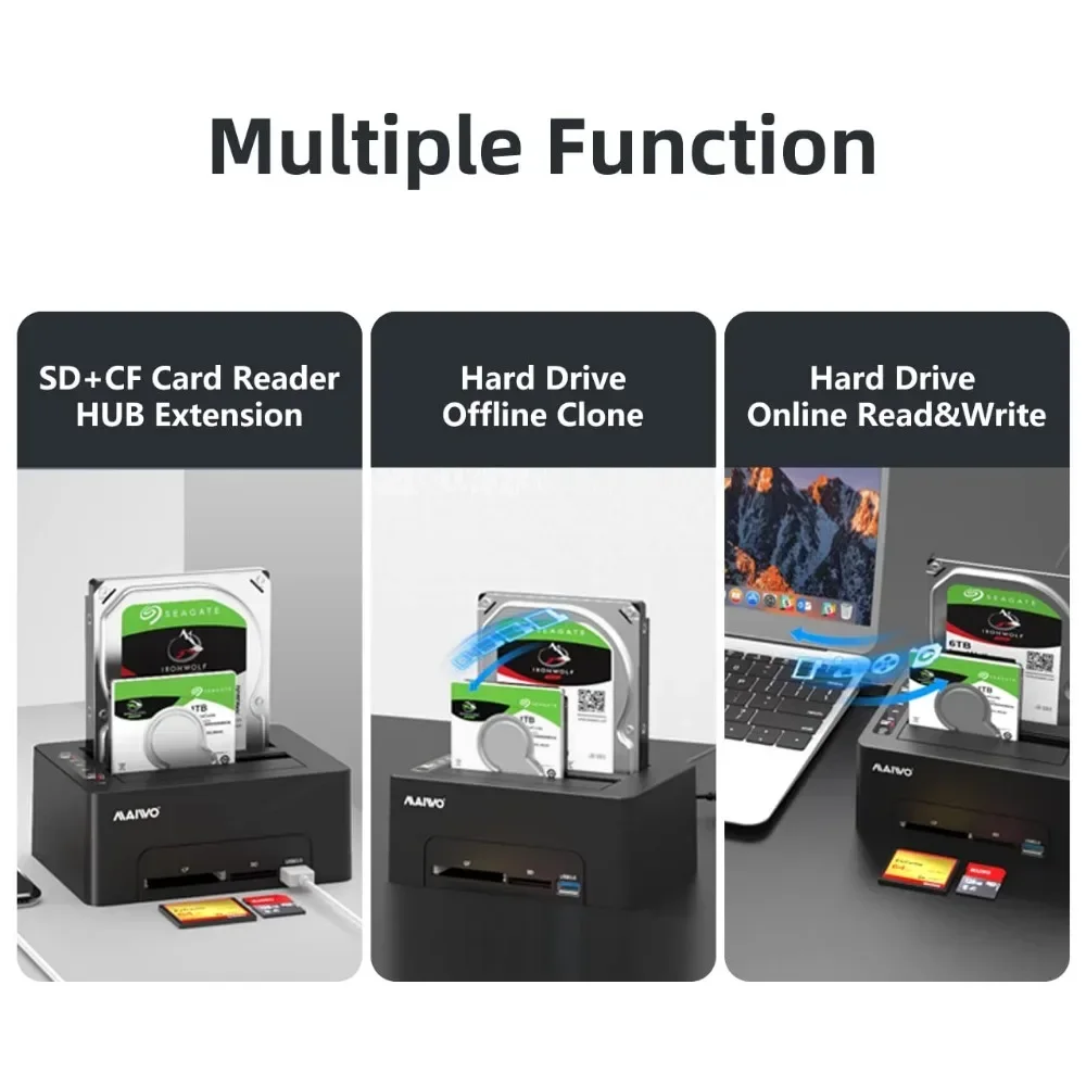 MAIWO 듀얼 베이 HDD 도킹 스테이션, 오프라인 복제 읽기, CF 및 SD 카드, USB 3.0 to SATA, 2.5 인치, 3.5 인치 SSD 디스크, HDD 도크
