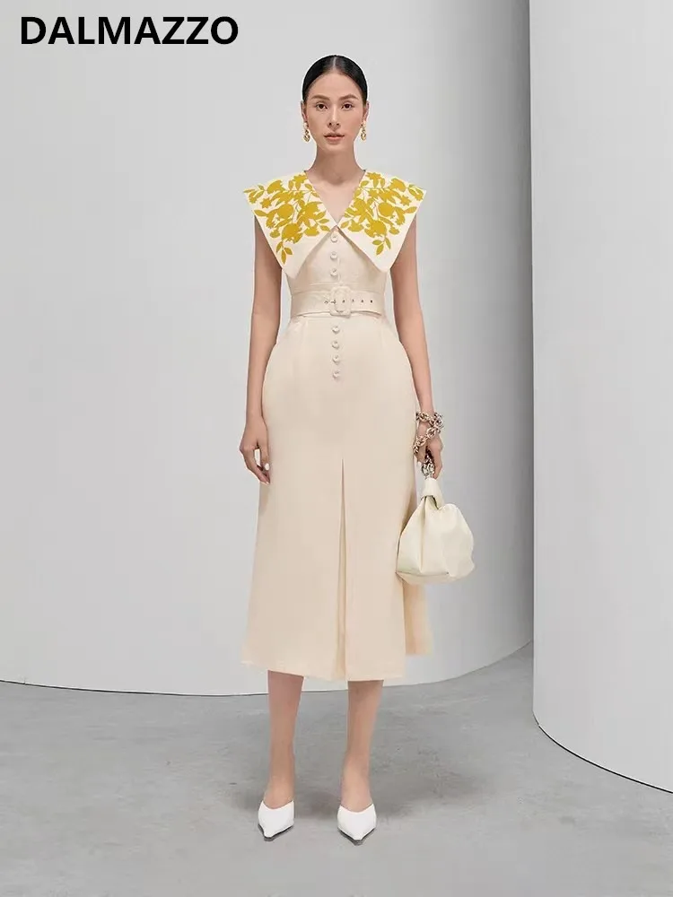 

DALMAZZO Luxury Brand Designer French Embroidery Flower Long Dress For Women Fashion Sleeveless Party Belt Vestidos 2023 New