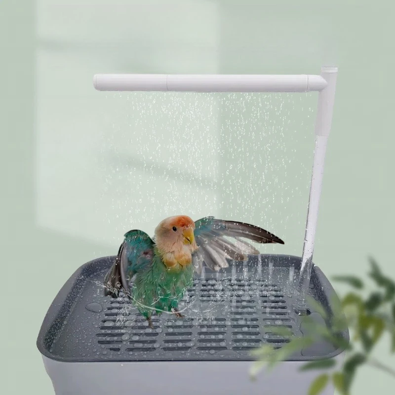 White plastic automatic bird shower basin with water tray for parrot daily bathing.