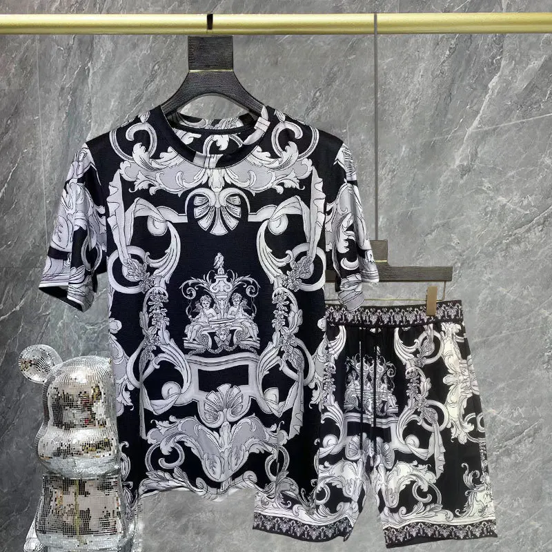 

Baroque Court Print T Shirt+Short Hawaiian Streetwear Artistic Set Streetwear Hip Hop Casual Beach Holiday Short Sleeve Sets