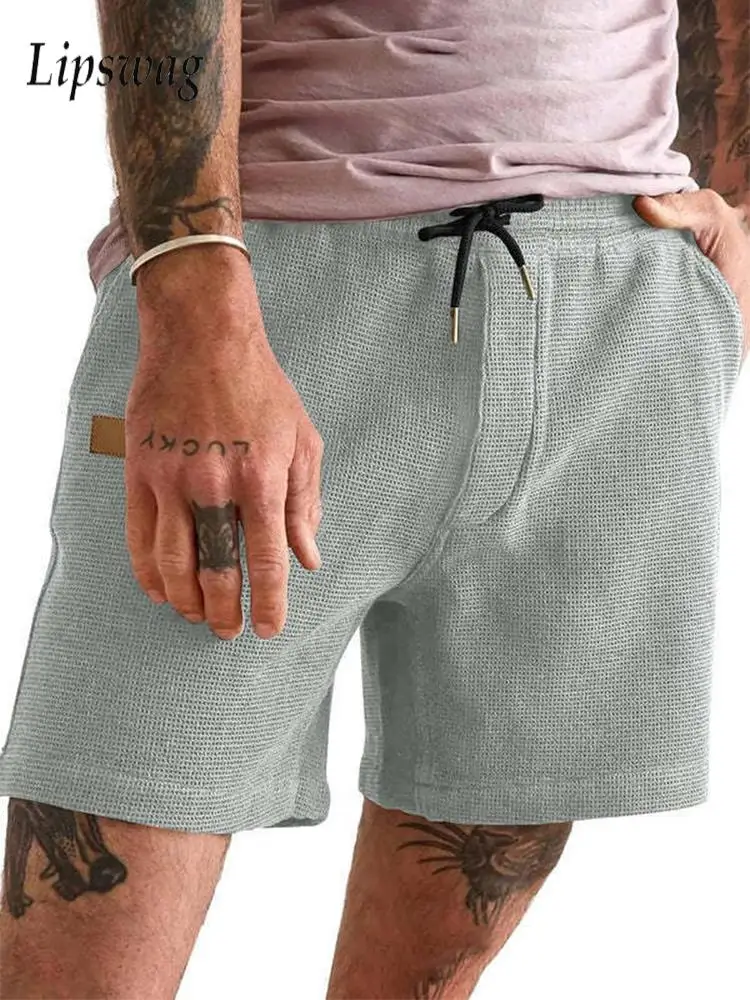 

Повседневные однотонные вафельные дышащие шорты, Мужская Уличная одежда, модные шорты на шнуровке, летние мужские спортивные шорты для отдыха