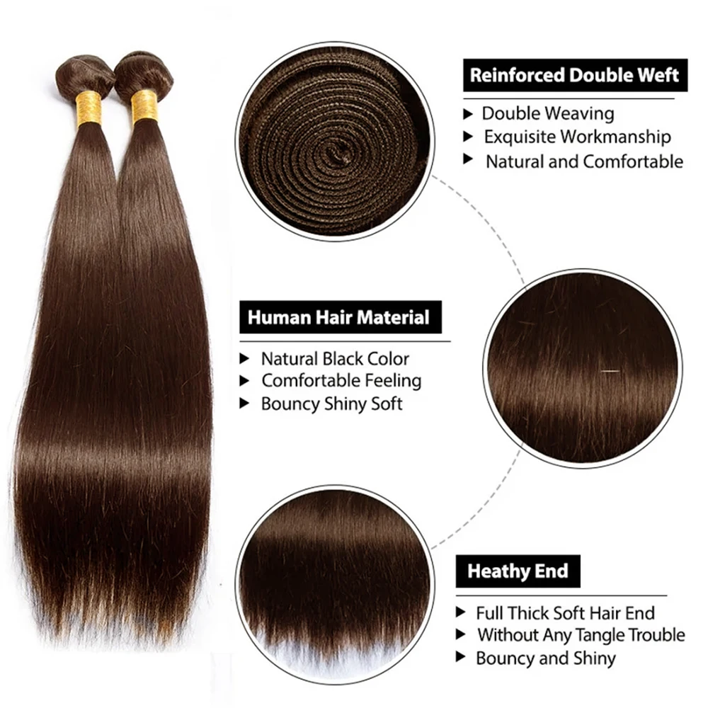 Color #4 Bone Straight Human Hair Extension Chocolate Brown Peruvian 100% Human Hair 1/3 Bundles Deal Weave Remy Extensions