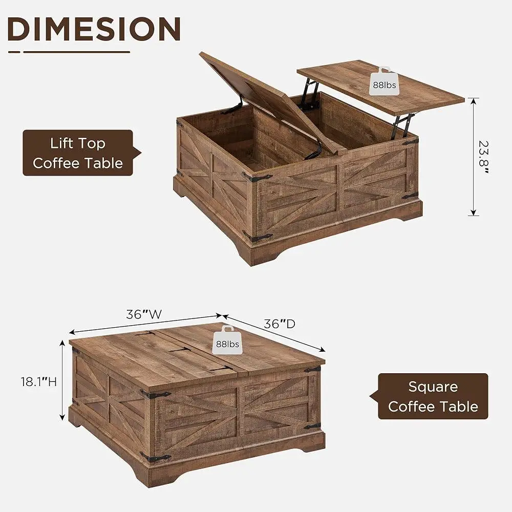 Farmhouse Lift Top Coffee Table with Storage Rustic Square Center Table Hidden Compartment Easy Assembly Durable Wood Design 3
