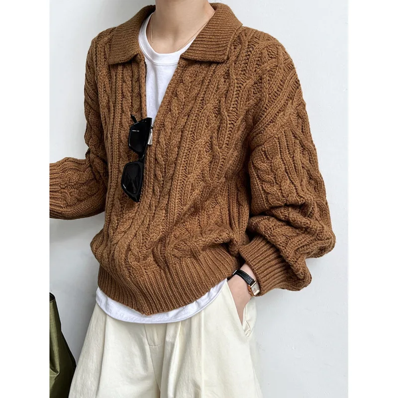 

Autumn Winter Lapel Zipper Twists Knit Sweater Women Polo Loose Long Sleeve Cardigans Coat Knitwear