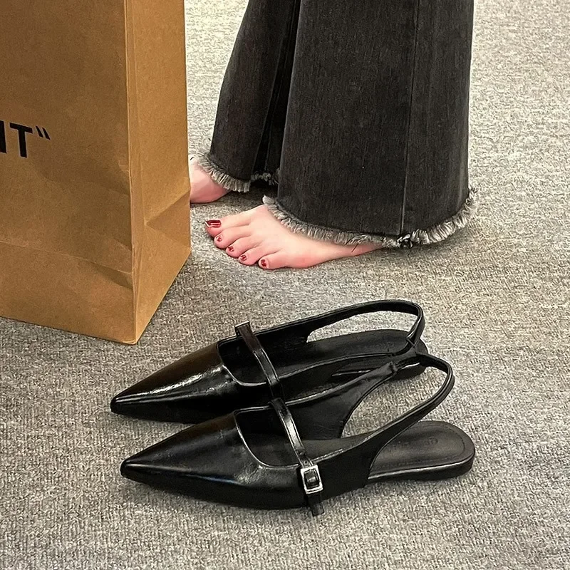 French Flat Black Baotou Sandals Fairy Shoes 2025 New Spring and Summer Pointy Diamond Temperament Single Shoes Zapatos De Mujer 2