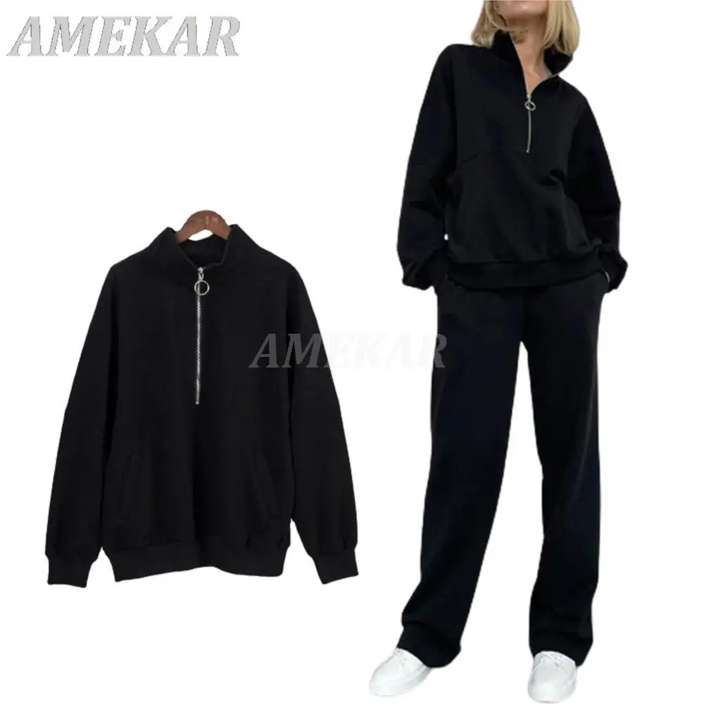 

Women Casual Half-Zipper Collar Loose Two-Piece Sets Female 2022 Autumn Winter Pullover Wide-leg Pant Solid Matching Cotton Suit