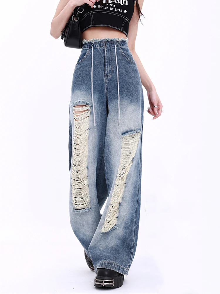2023 Holes Ripped Straight Pants Women Jeans High Waist Loose Wide Leg Trousers Ladies Jeans Y2K Summer High Street Cargo Pants