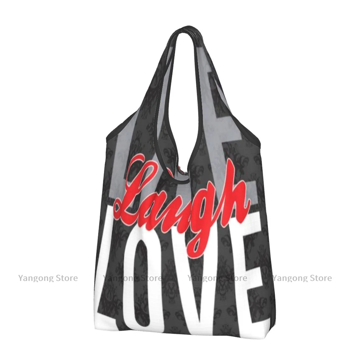 

Foldable Shopping Bag Live Laugh Damask Motifs Tile Print Tote Folding Pouch Handbag Convenient Travel Grocery Bag