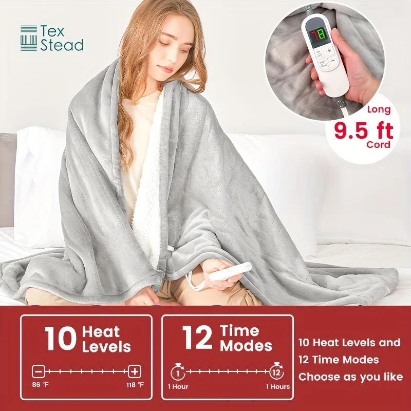 120V, 10 temperature settings with LCD Heated Blanket Electric Throw,1-12 hours Auto Shut Off, Detachable and machine washable 2