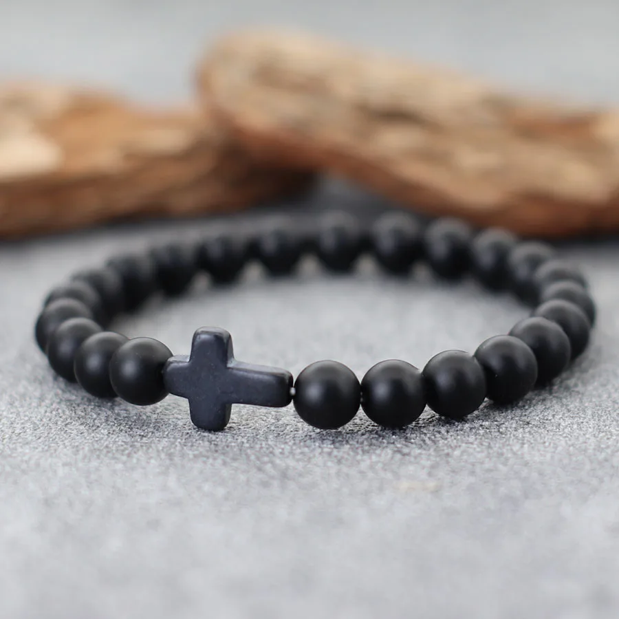 Men Onyx Stone Cross Bracelet 8mm Strand Beach Casual Accessories