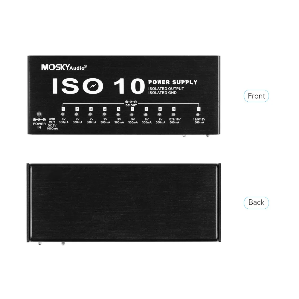 MOSKYAudio ISO-10 Portable Guitar Effect Power Supply Station 10 Isolated DC Outputs & 1 5V USB Output for 9V 12V 18V Effects