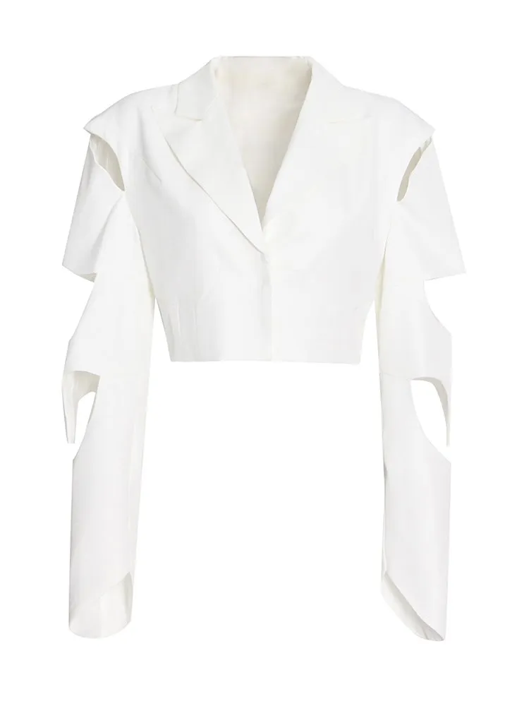 KBQ Hollow Out Cropped Blazers For Women Notched Collar Long Sleeve Spliced Buttom Solid Straight Blazer Female Fashion Clothing