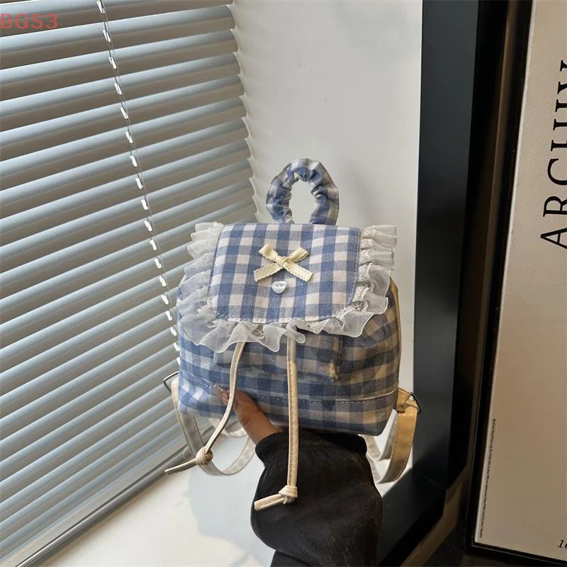 INS Cute Girl's Backpack High-Quality White And Blue Checkered Cute Handbag 3