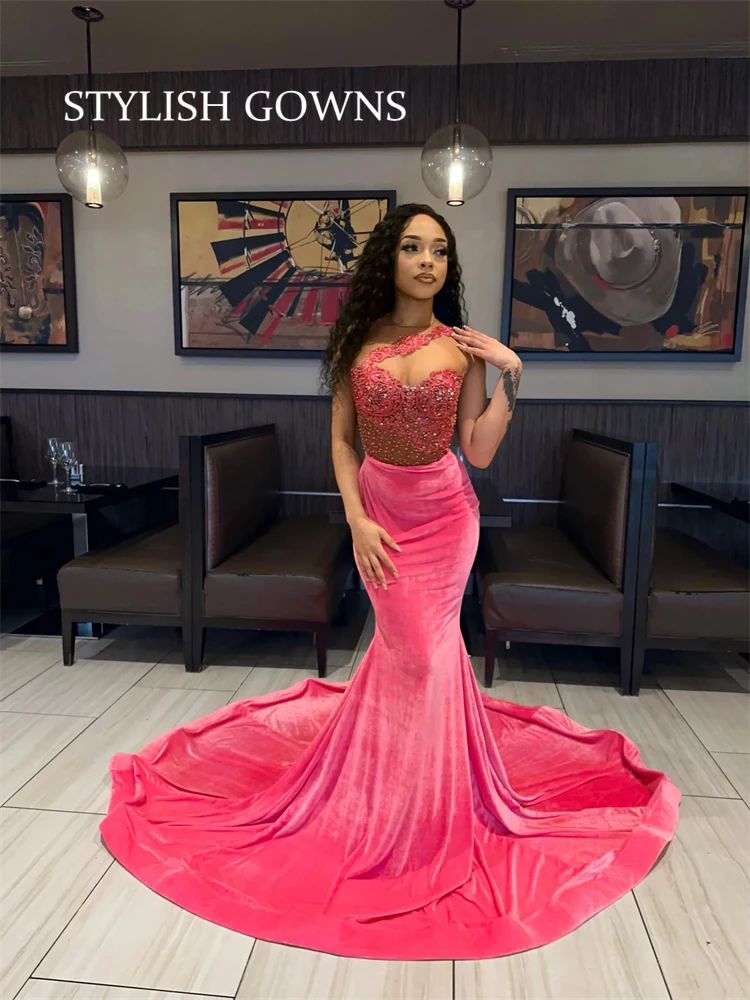 

Pink Velvet One Shoulder Evening Dresses For Black Girls Appliques Birthday Beaded Party Gowns Long Prom Dresses Mermaid