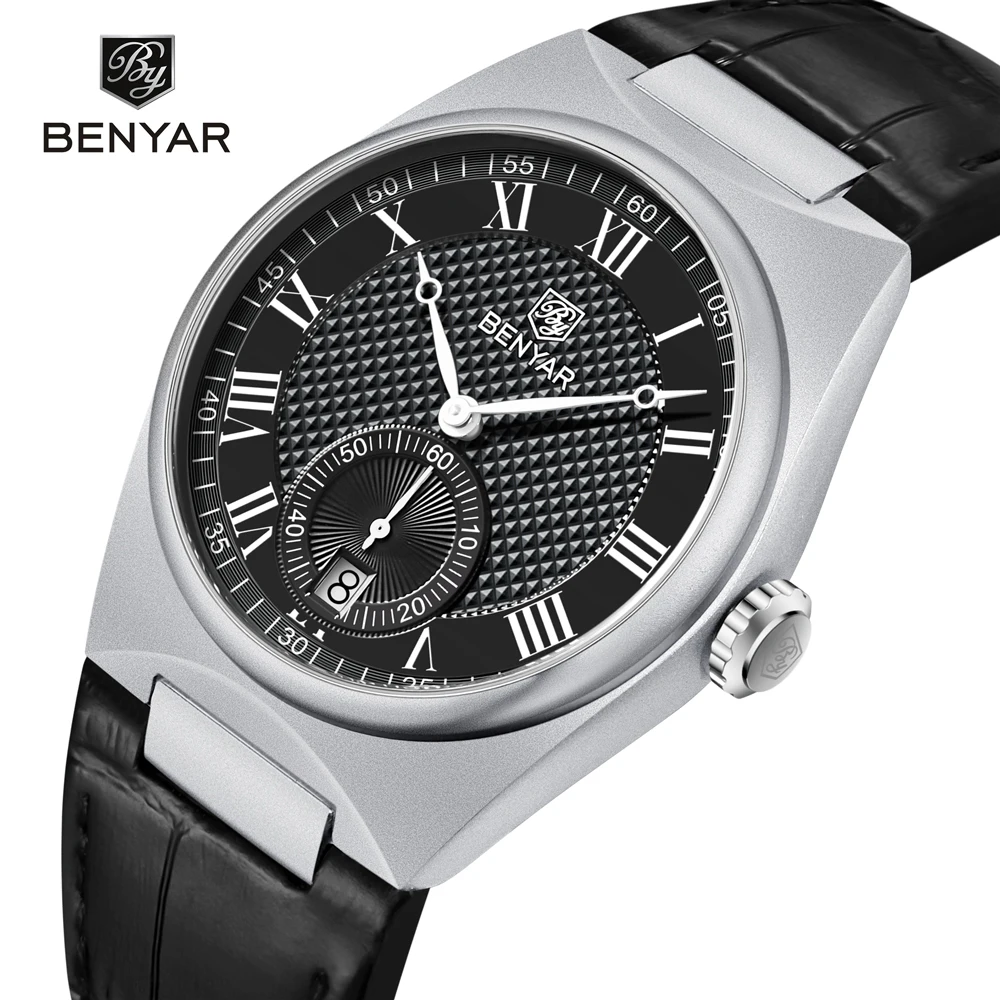 BENYAR 40MM Men's Watches Retro Dial Quartz Watch For Men Luxury Military Leather Original Watches Waterproof Clock Reloj Hombre