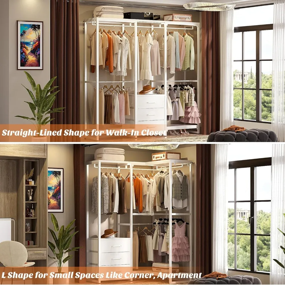 Garment Rack Heavy Duty Clothes Rack for Hanging Clothes,Clothing Rack with Drawers, Wood Stoarge Shelf Freestanding Closet War