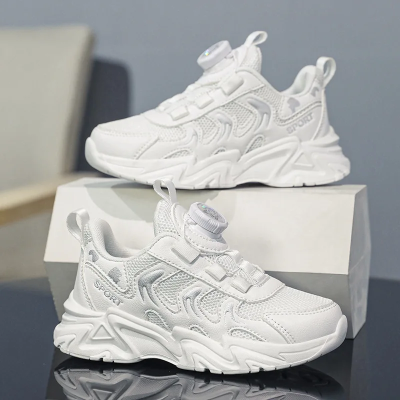 

Children's White Shoes 2024 Spring Boys' Sports Mesh Breathable Casual Shoes Students White Performance Running Shoes
